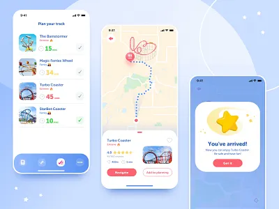 Amusement Park app - navigation & planning amusement amusement park app blue brand clean geometric gradient illustration navigation typography ui