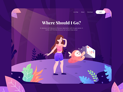 Qemprut - AI Maps app art character clean concept dark design forest gradient hero image illustration landing page maps minimal people purple ui ui design ux website