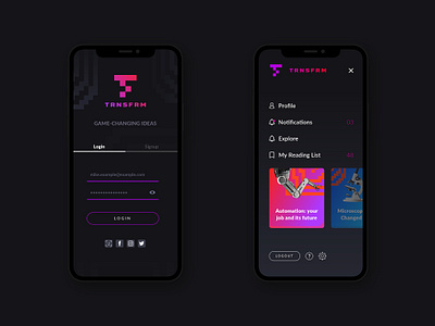 TRNSFRM App Concept - Login and menu screens [1/2] app design article cards ui dark mode dark ui explore futuristic ui interface login menu design notifications profile reading list sketchapp tiles uiux