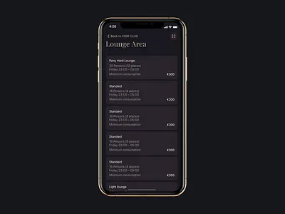 lounge booking process app interaction dinarys animation booking process dark theme dinarys gold interaction lounge plan mobile app nightclub nightlife seats ui trend ux