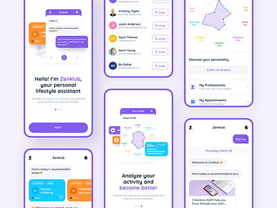 Zenklub. Lifestyle assistant chatbot app android app app app design chatbot chatbots design health icon illustration invite ios ios app iphone x meditation psychology purple screen typography ui ux