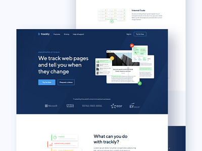 Trackly - Landing page blue changelog changes clean design header homepage interface landing layout track ui ux web design webapp website