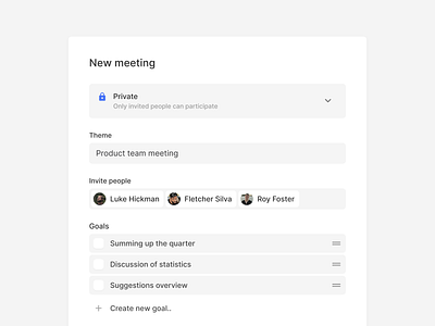 New meeting / Office tools app app ui crm dashboad dashboard design dropdown fields goals input invite management modal saas select settings settings ui task tasks tool ui design