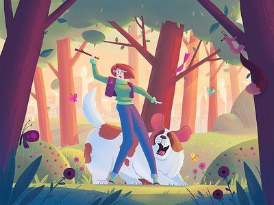 A Walk In The Woods art character dog dribbble fireart fireart studio forest illustration outdoor walk