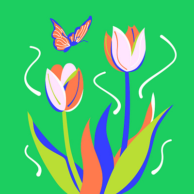 Tulips & Butterfly - Green butterfly digital art floral flower graphic design green illustration nature spring still life tulip vector vector art