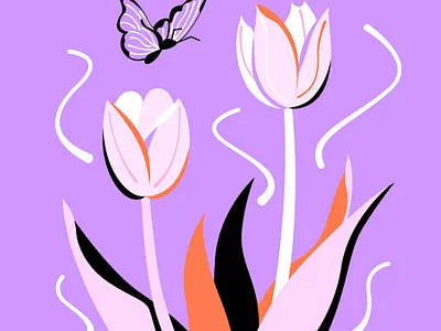 Tulips & Butterfly - Purple animal butterfly digital art flower graphic design illustration nature spring still life tulip vector vector art