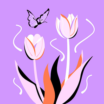 Tulips & Butterfly - Purple animal butterfly digital art flower graphic design illustration nature spring still life tulip vector vector art