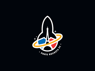 Paris Rockets FC badge badgedesign branding creative crest design eiffel globe illustration logo logomark paris rocket rockets soccer space sports vector