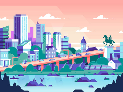 Tomorrow city cloud diversity editorial illustration magazine monument richmond river technology vector