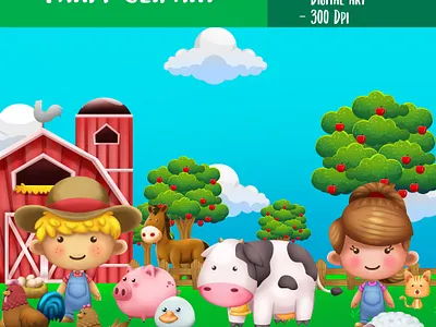Clipart farm character children book illustration clipart design fairy tail fantasy illustration kid kids playing