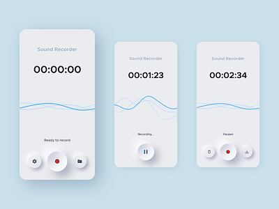 Neumorphic Sound Recorder App app button design flat minimal neumorph neumorphic neumorphism pause record recorder shadow sketch soft soft ui sound ui ux