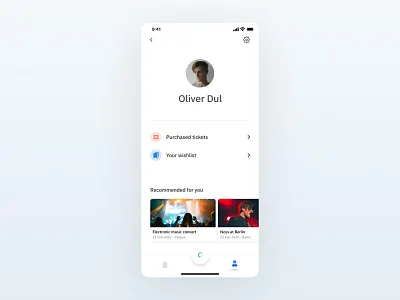 Screen from event app - Profile 2020 concert app event event app events app google design material design minimal app minimal app design modern app music app music concert oliverdul profile profile app profile screen ticket ticket app white app design wishlist