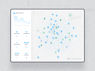 IOTA – Smart Mobility Simulator, Main Screen blue chart clean crypto cryptocurrency finance financial freelance graph interaction iot light map module sans serif typography ui ux web website