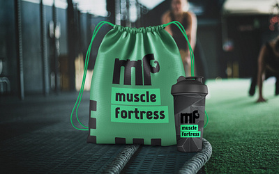 MUSCLE FORTRESS -BAG & SHAKER bag bag design bottle branding buildup design dryfit fashion fitness fitness app gym gymessentials gymwork logo merch muscle nutrition shaker stayfit typography