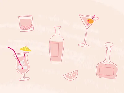 Mid Century Twist Cocktails 50s citrus cocktail flat illustration linework martini mid century pink sweet tiki tropical