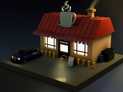 Coffee House at dusk - LowPoly blender coffeeshop coffehouse dusk lowpoly photoshop sunset