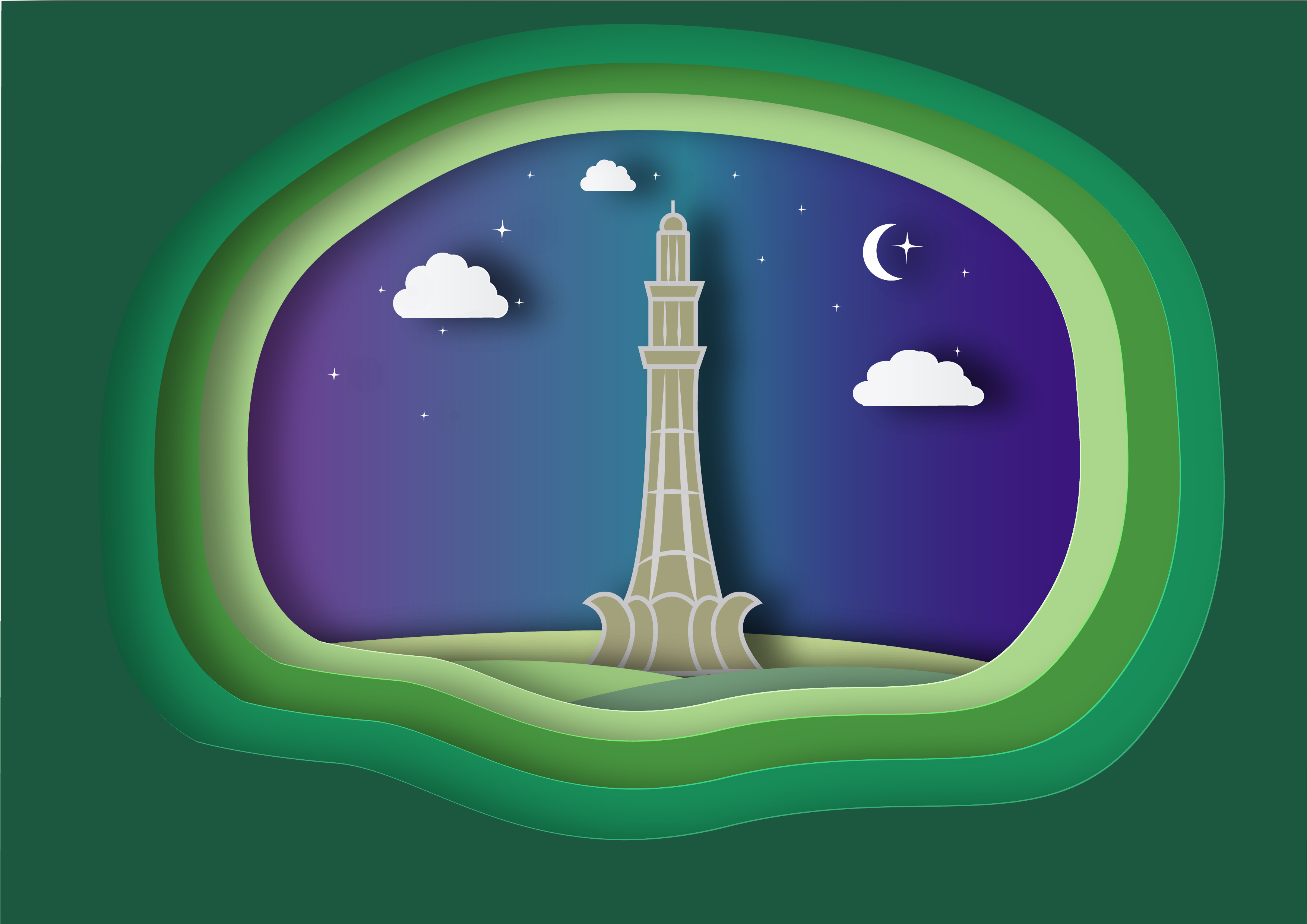 Pakistani landmarks digital art graphic design illustration layered artwork paper cutout illustration vibrant colors