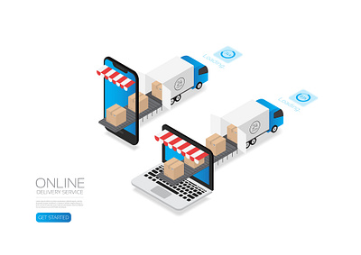 Isometric online delivery app artificial intelligence background belt box business computer delivery digital illustration internet isometric logistic online marketing parcel smartphone technology transportation truck vector