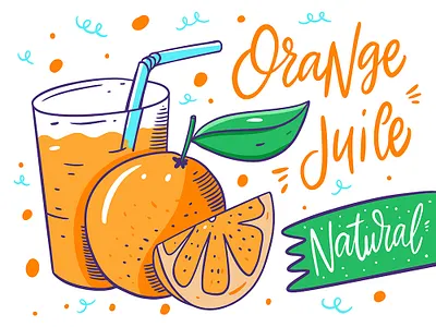 Orange Juice art cartoon cute design fruit glass illustration leave lettering orange orange juice poster sketch summer vector