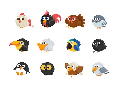 Birds bird cartoon character chicken crow cute eagle fauna little owl parrot pelican penguin pigeon raven rooster round seagull toucan turkey