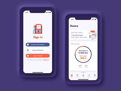 Fuel tracker app chart dashboard distance flow fuel graphics interface management minimal mobile app modern sign in statistics tracker tracking app transport trips ui ux