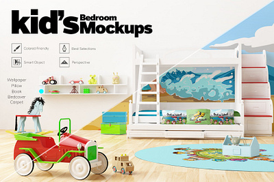 Kids Bedroom Set Interior Mockups 3dsmax bedroom branding cinema4d graphic design illustration interior kids minimal mockup mockups modern render