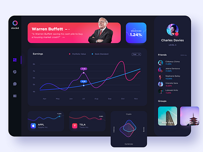 Stock Portfolio Tracker | Dark Mode app chart colourful crypto dark dashboard design diagram exchange graph investment lumo portfolio product shares stocks trading ui ux website