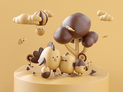 Family portrait 3d animation balloon butterfly c4d chick chicken cloud family flower flowers forest gif illustration landscape loop motion mushroom nature set design