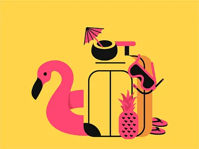 Summer vacation bag cocktail coconut diving flamingo inflatable mask outdoor pineapple pink sandal suitcase summer sunglasses travel umbrella vacation vector yellow