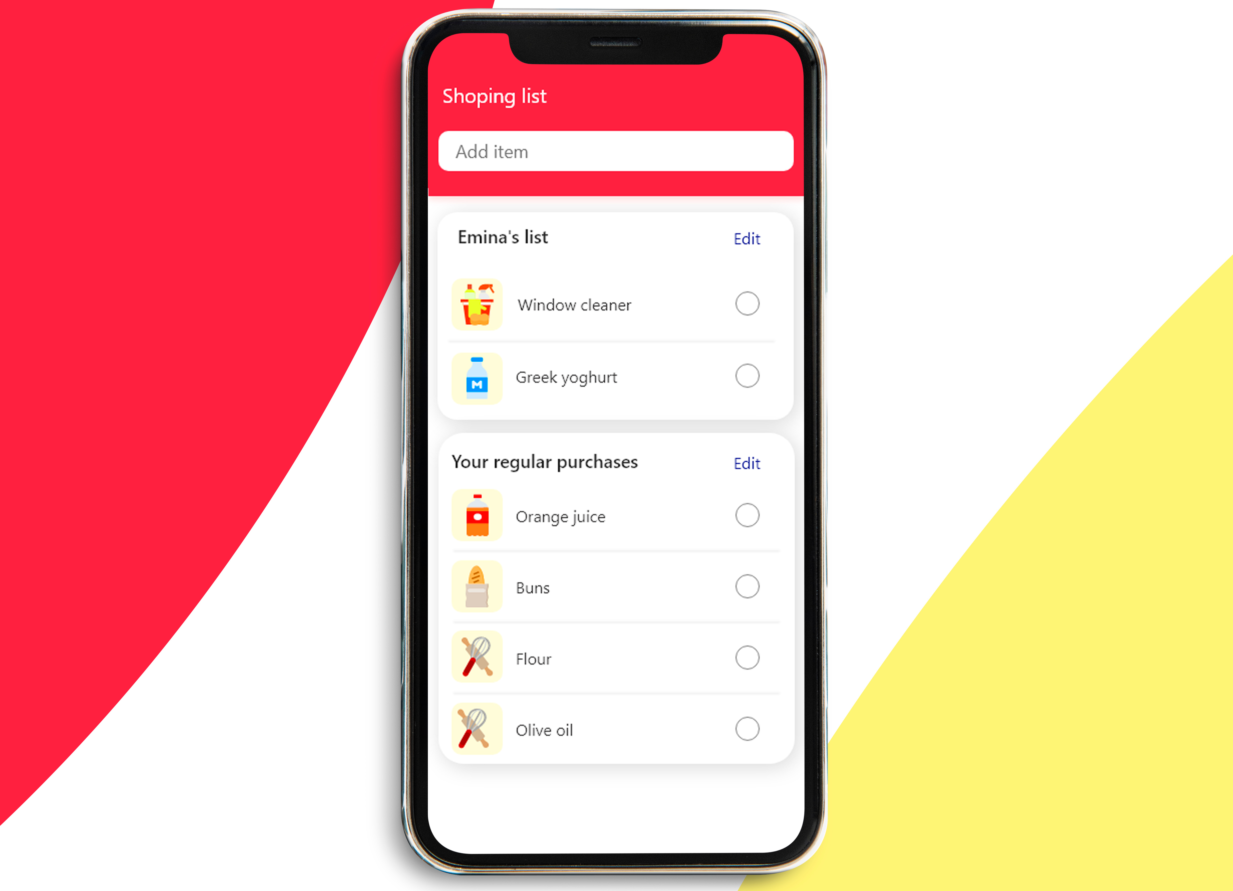 Example of A shopping list app that keeps tracks of regular purchases.