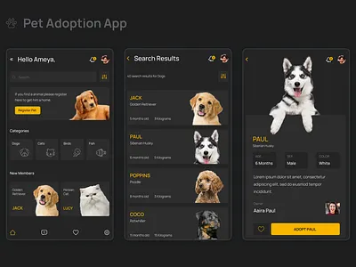 Pet Adotpion App clean dark ui design simple typography ui uidesign ux