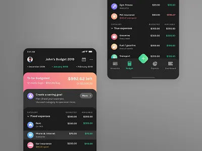 Budget Dark Theme app branding budget button clean dark dark mode finance gradient icons ios logo minimal mobile typography uikit vector web