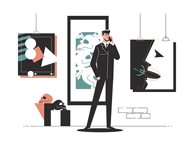 Businessman in an art gallery talking on phone art character flat gallery illustration kit8 man phone talk vector