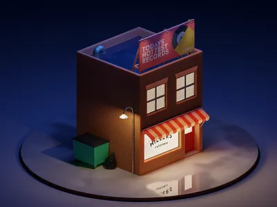 Micro cafe 3d blender building illustration isometric art night render scene