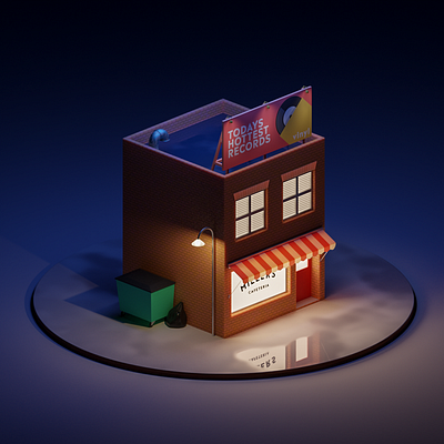 Micro cafe 3d blender building illustration isometric art night render scene