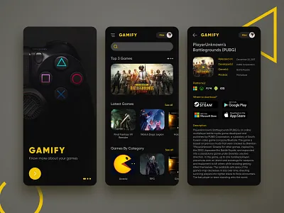 Gamify - Game Information Application application dailyui dark theme dark ui figma game information rounded corners yellow