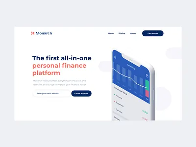 Monarch redesign app clean design finance finance app first landing landing page mobile mobile app startup ui