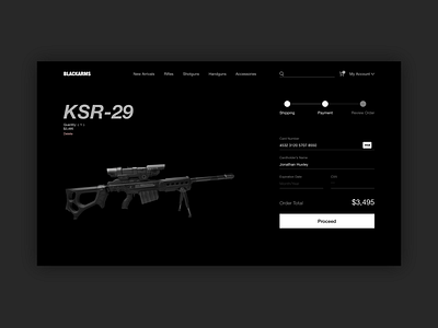 Daily UI – #002 Credit Card Checkout black checkout credit card checkout creditcard dailyui dark ecommerce gun gun store payment rifle shopping uidesign uiux uiuxdesign weapon webdesign