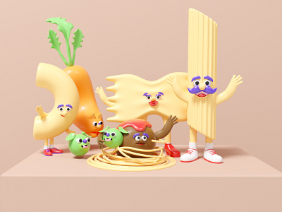 Festa! 3d character desgin food branding illustration italian food meatball pasta spaghetti