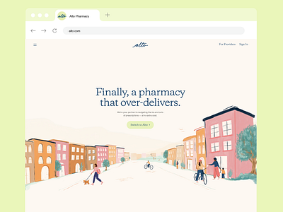 Alto Pharmacy alto buildings illustration people pharmacy procreate rebrand redesign town