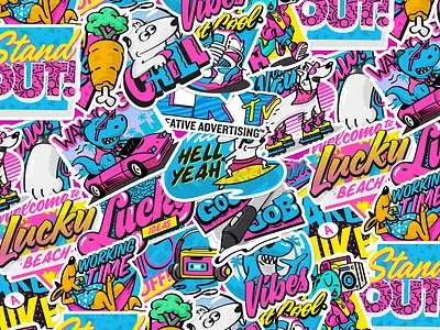 90's Stickers animated gif animation beach bunny candy character colors gameboy gif logo lollypop loop merch motion ninety retro stickers the nineties vintage