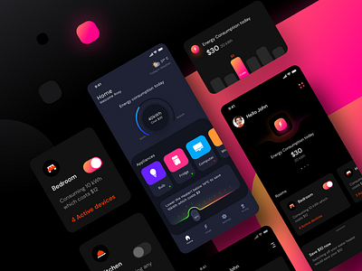 Household Energy Monitor : Prototype 1+2 (Design Assignment) app branding dark night design icon illustration ios kitchen light mockup mode modes neel prakhar sharma smart home temperature ui ui kit ux vector