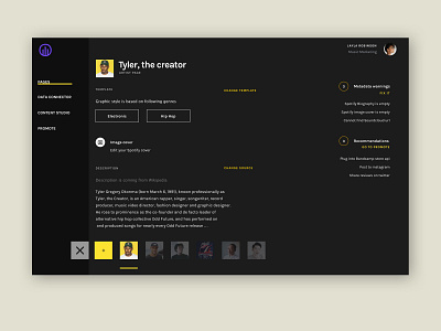 Musicdata dashboard concept - Dark mode - home screen api artist roster big data dark mode dark ui dashboad dashboard ui data discovery editor music music app music marketing music promotion page builder page generator saas app template template builder tyler the creator