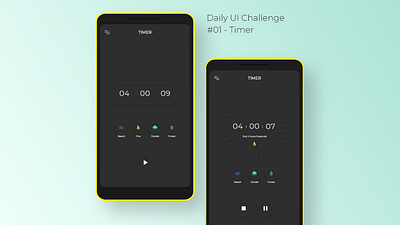 Daily UI Challenge - (01) Timer adobe xd aesthetic alarm app android android app design clean ui daily ui 001 daily ui challenge dark mode minimalistic mobile neumorphic neumorphism soft ui stopwatch ui ui concept user interface ux design uxui