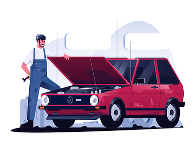 VW golf illustration adobe illustrator bright color combinations car service character design character exploring characterdesign flat illustration minimal clean design mobile tablet illustrations user interface ui vector illustration vw golf