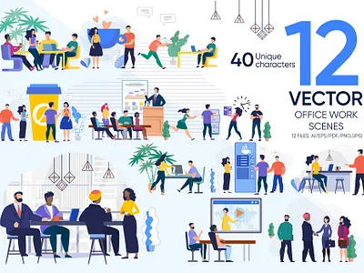 Office Work Vector Scenes business cartoon collaboration computer corporate creative design flat graphic illustration interior man meeting modern office people process team vector work