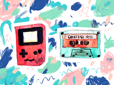 Retro cassette tape design gameboy illustration procreate retro watercolor