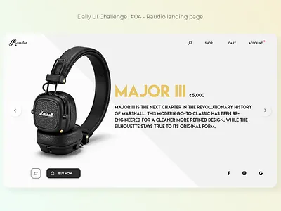 Daily UI Challenge - (04) Raudio landing page adobe xd audiophile clean ui concept design daily ui 004 daily ui challenge desktop application graphic design headphones landing page design minimalistic online shopping product page responsive design shopping cart ui concept uiuxdesign user interface ux design webpagedesign