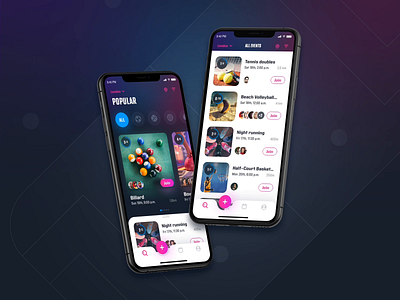 InGame, Sport events - home & listing screens animation app design event feed filters flat design gradients graphic design interaction design ios listing mobile app navigation principle shadows sketch social sport user inteface