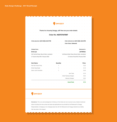 Daily Challenge 017 Email Receipt customer experience dailyui dailyuichallenge design designui minimalistic reciept restaurant trending design trending ui ui user experience